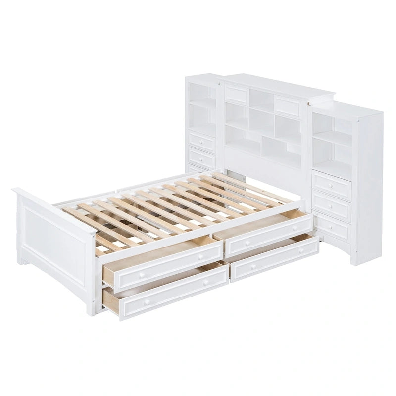 Twin Size Wood Platform Bed Frame with Vertical All-in-One Cabinet and 4 Drawers on each side