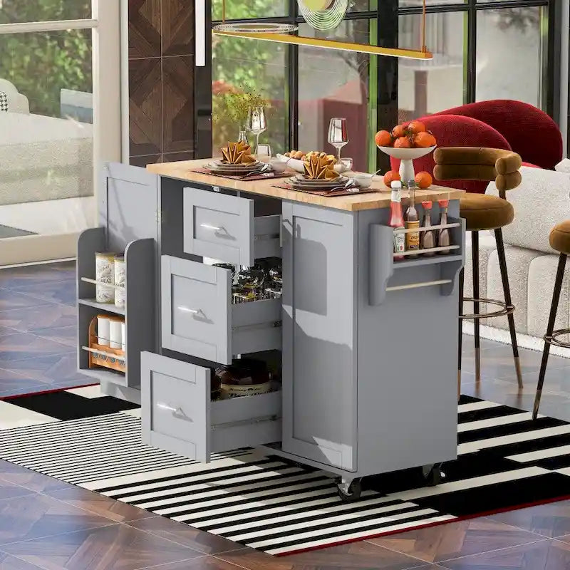50 in. W Kitchen Island Rubberwood Top on 5 Wheels with 3 Drawers and 2 Slide-Out Shelf