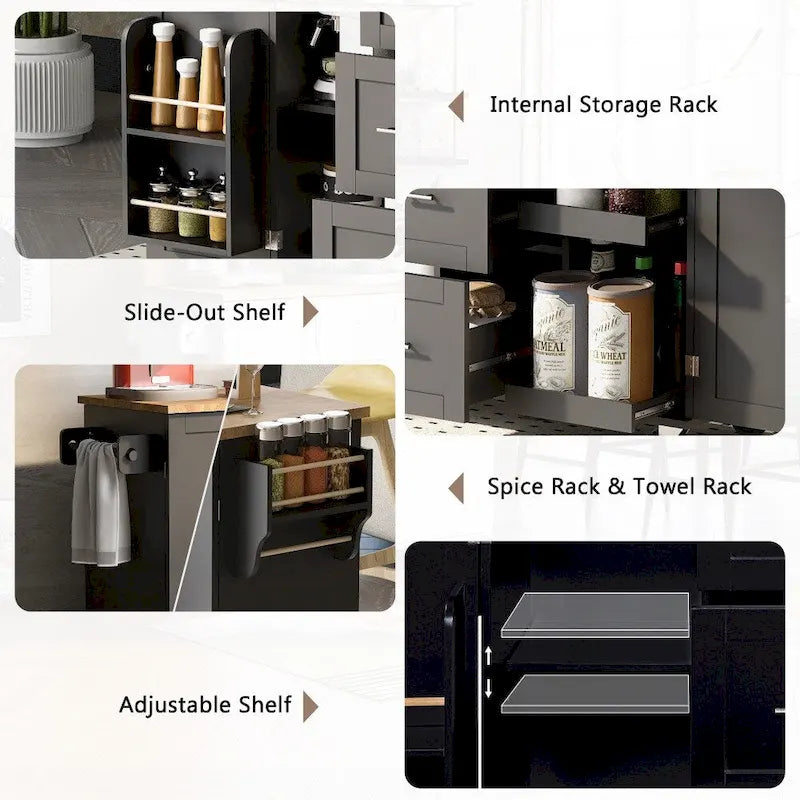 50 in. W Kitchen Island Rubberwood Top on 5 Wheels with 3 Drawers and 2 Slide-Out Shelf