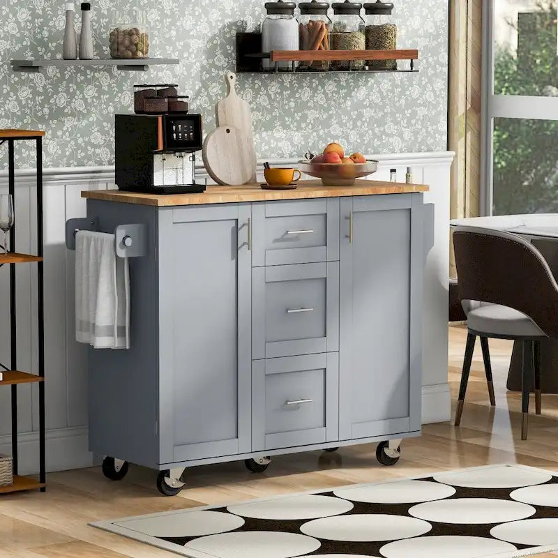 50 in. W Kitchen Island Rubberwood Top on 5 Wheels with 3 Drawers and 2 Slide-Out Shelf