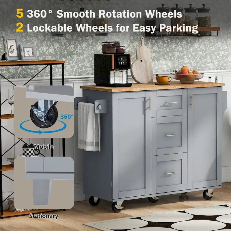 50 in. W Kitchen Island Rubberwood Top on 5 Wheels with 3 Drawers and 2 Slide-Out Shelf