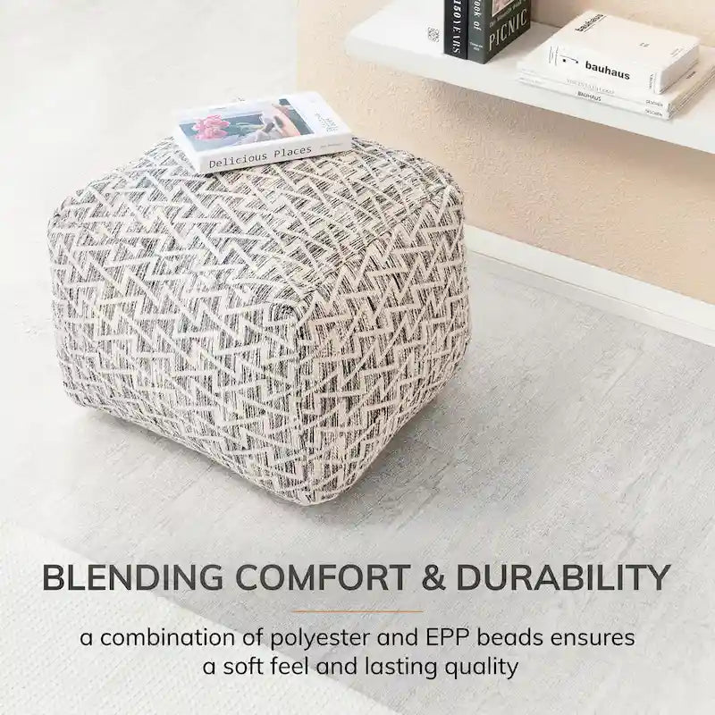 Jani Lafayette 22- inch Square Black Pouf Ottoman - Handmade Footrest for Living Room, Bedroom, Patio