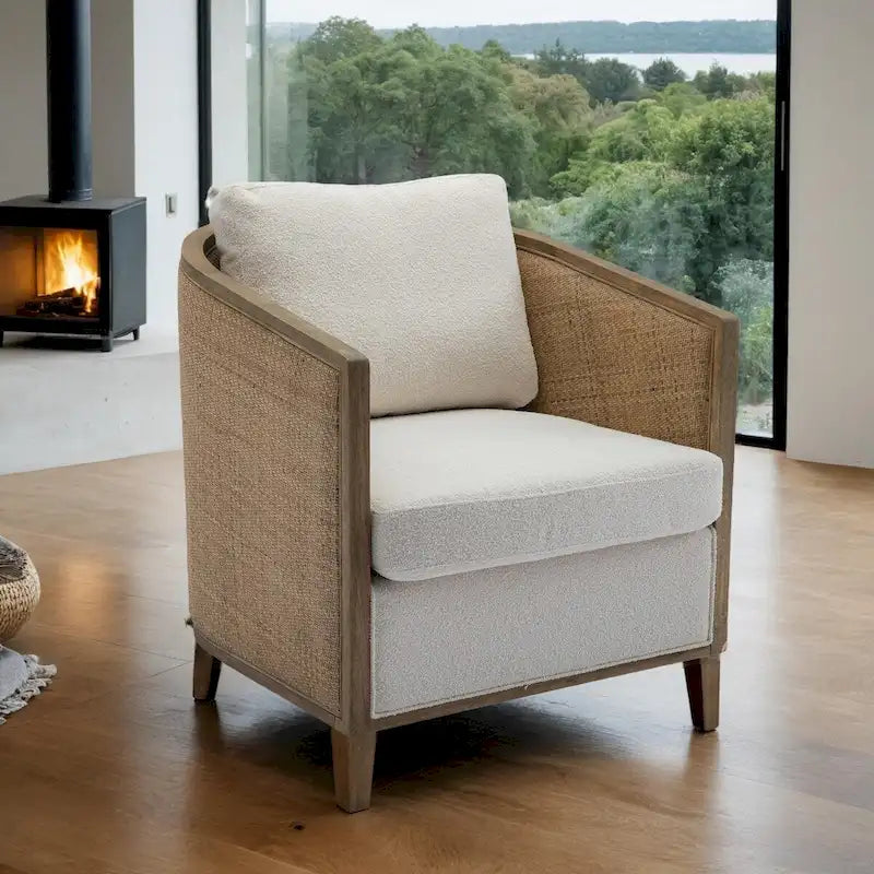 Swivel Barrel Chair with Rattan Design, Leather Accent Sofa Chair, Club Chair with Pillow, Leisure Arm Chair for Living Room