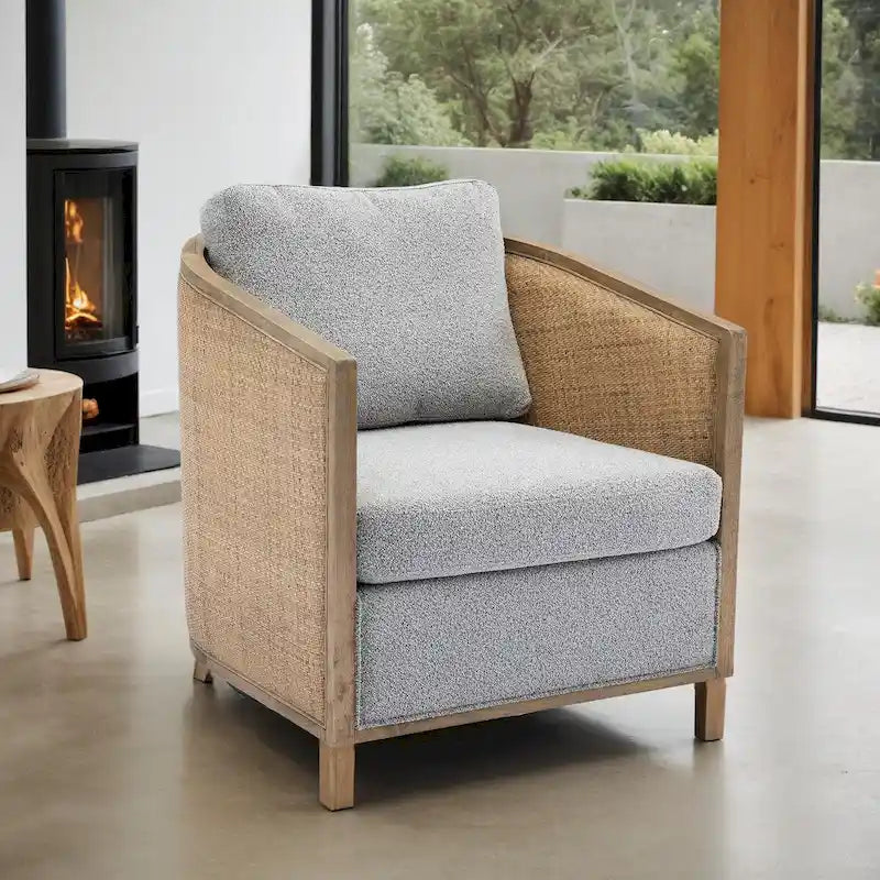 Swivel Barrel Chair with Rattan Design, Leather Accent Sofa Chair, Club Chair with Pillow, Leisure Arm Chair for Living Room