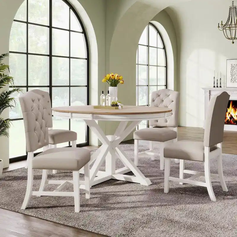 Dining Table Set with Extendable Table and 4 Upholstered Chairs