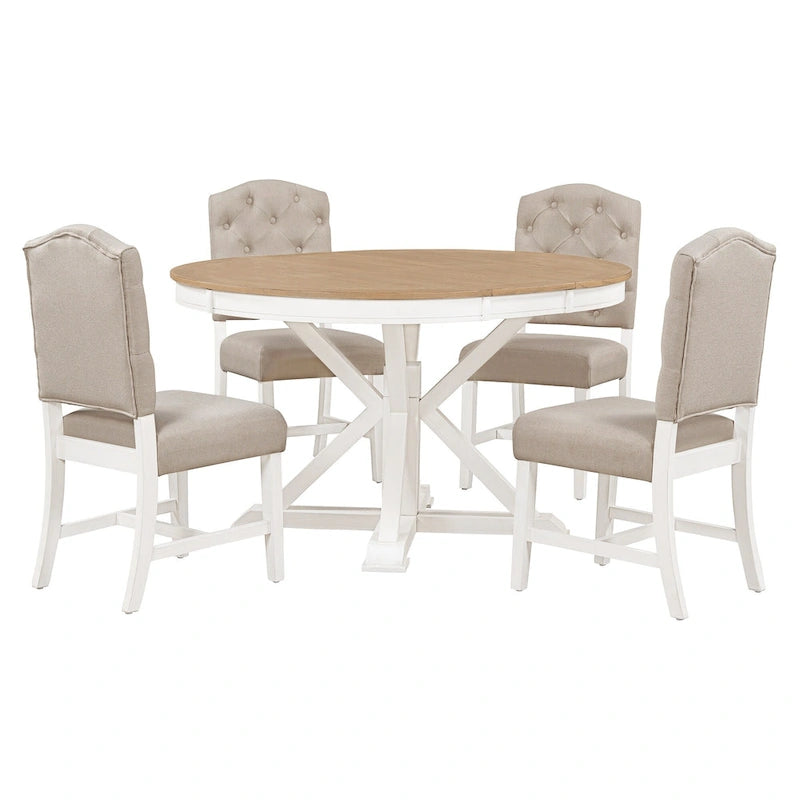 Dining Table Set with Extendable Table and 4 Upholstered Chairs