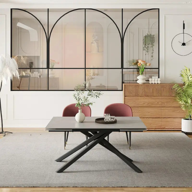 9 - Piece Extendable Rectangular Sintered Stone Cross Legs Dining Set With 8 Chairs For Home or Villa