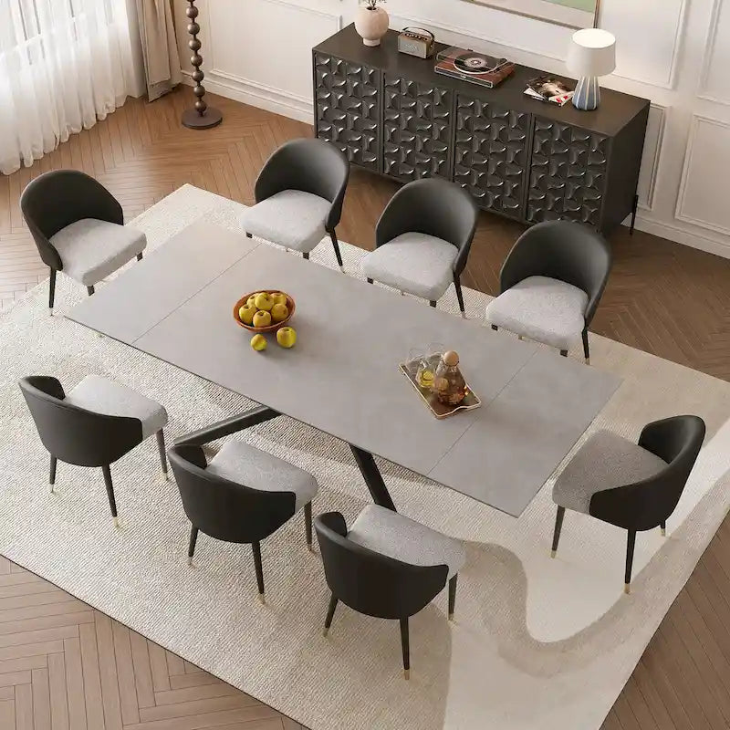 9 - Piece Extendable Rectangular Sintered Stone Cross Legs Dining Set With 8 Chairs For Home or Villa