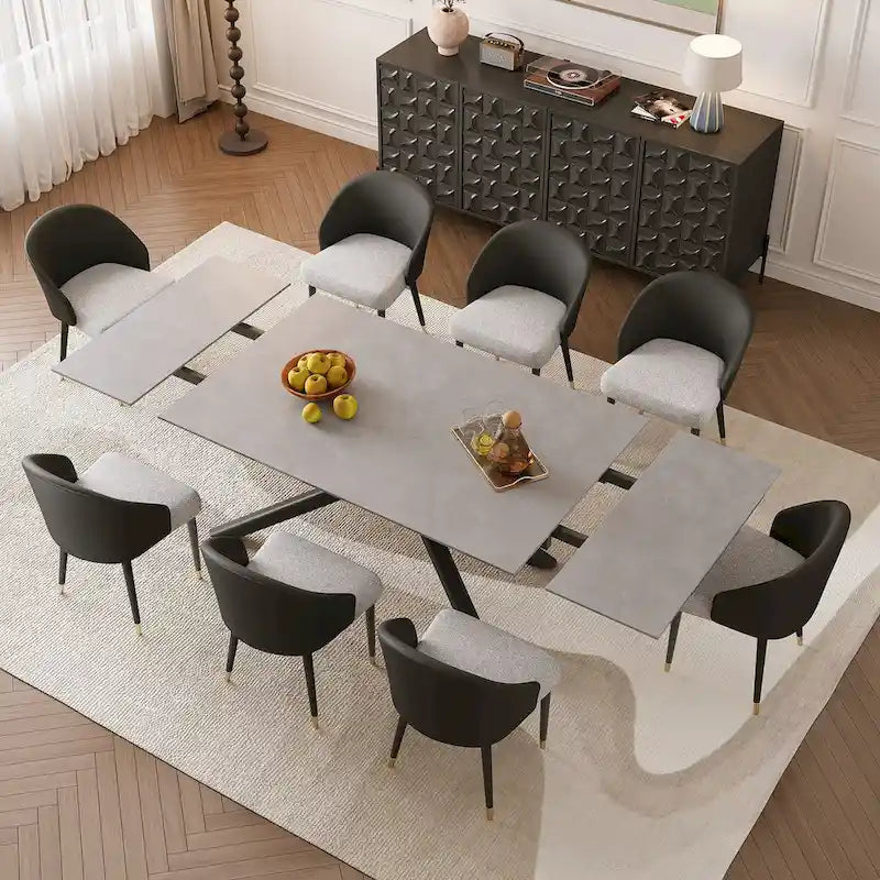 9 - Piece Extendable Rectangular Sintered Stone Cross Legs Dining Set With 8 Chairs For Home or Villa