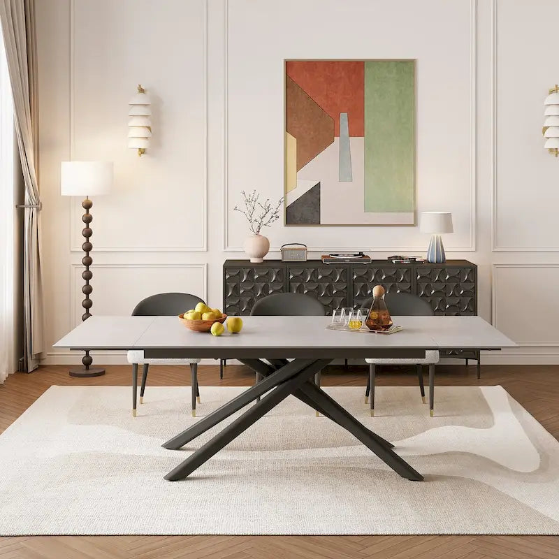 9 - Piece Extendable Rectangular Sintered Stone Cross Legs Dining Set With 8 Chairs For Home or Villa