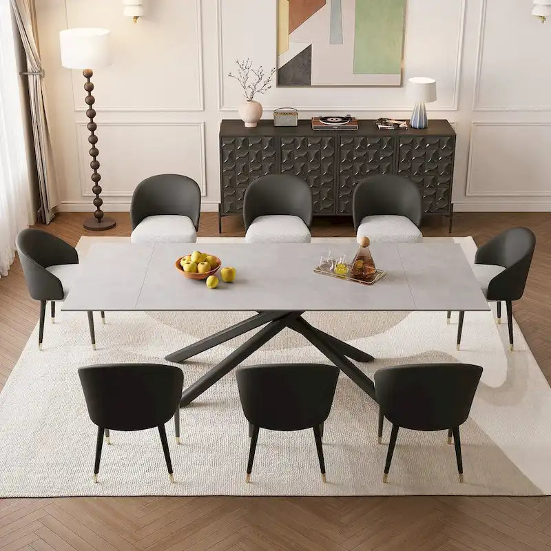 9 - Piece Extendable Rectangular Sintered Stone Cross Legs Dining Set With 8 Chairs For Home or Villa