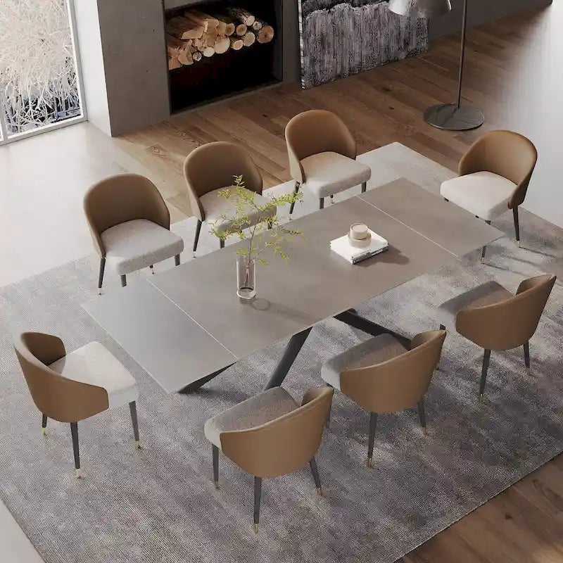 9 - Piece Extendable Rectangular Sintered Stone Cross Legs Dining Set With 8 Chairs For Home or Villa