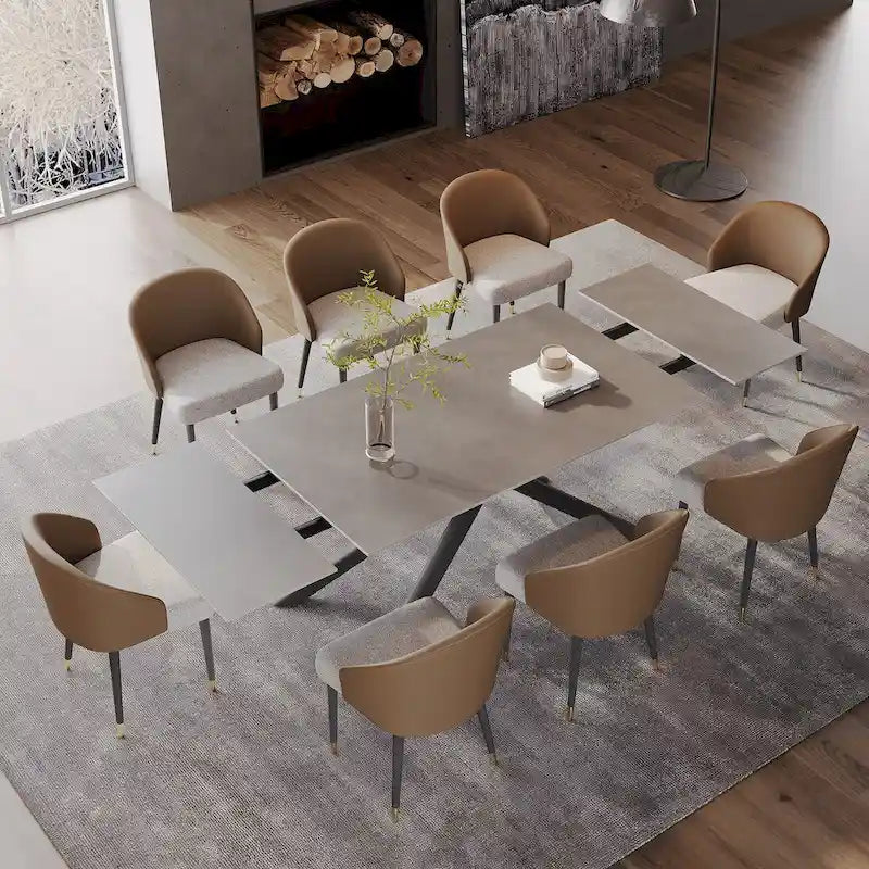 9 - Piece Extendable Rectangular Sintered Stone Cross Legs Dining Set With 8 Chairs For Home or Villa