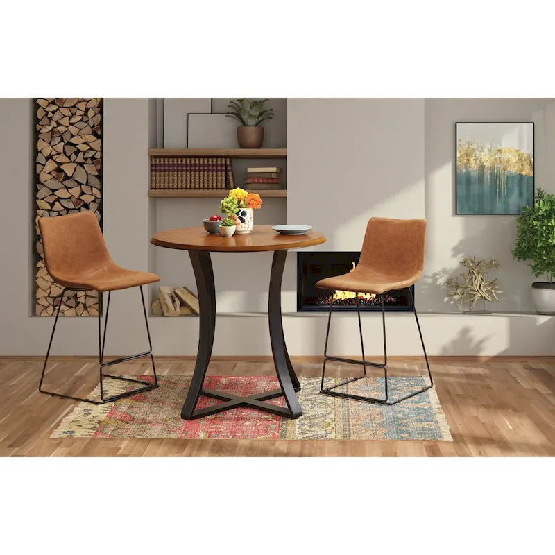 3-Piece 36  Round Top Counter Height Dining Table with 2 Faux Leather Stools