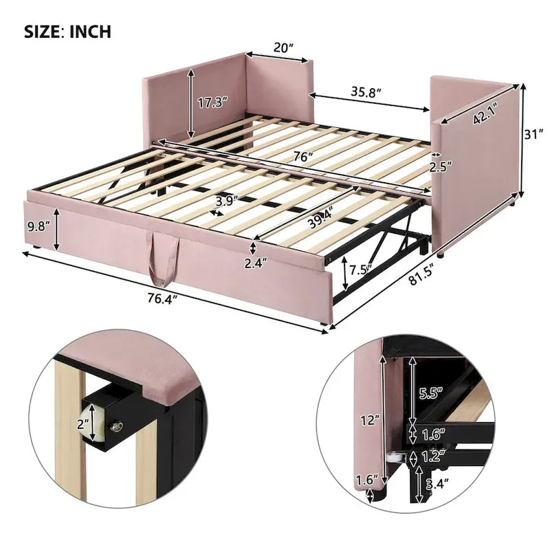 Velvet Upholstered Twin Daybed, Pop Up Trundle, Expandable to King Size, Versatile