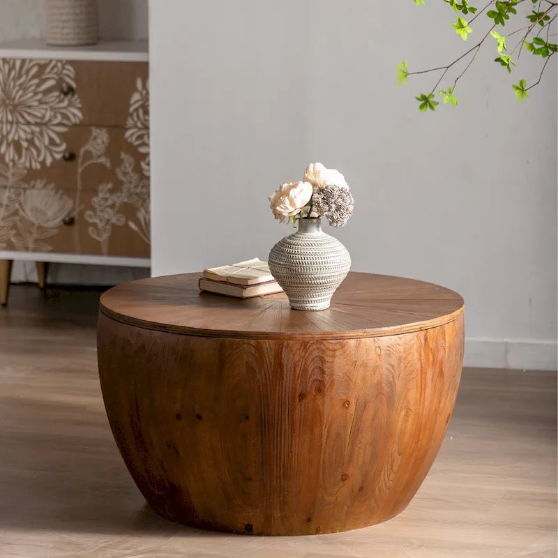 31.50 Vintage Style Bucket Shaped Coffee Table with storage function, for Office, Dining Room and Living Room, Brown