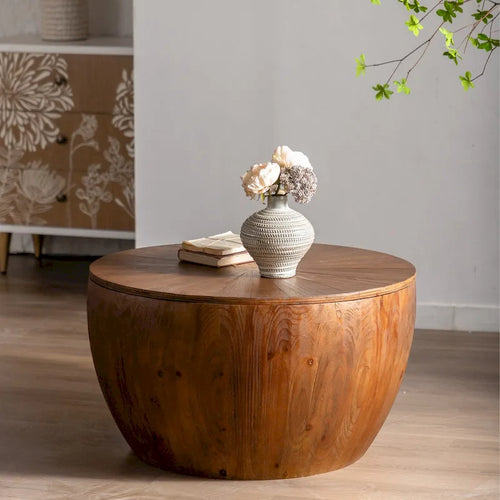 31.50 Vintage Style Bucket Shaped Coffee Table with storage function, for Office, Dining Room and Living Room, Brown