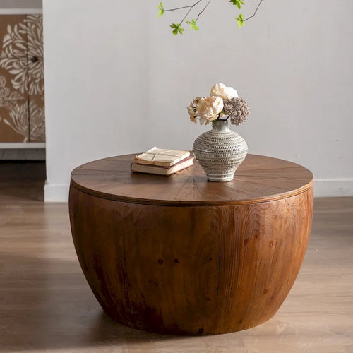 31.50 Vintage Style Bucket Shaped Coffee Table with storage function, for Office, Dining Room and Living Room, Brown