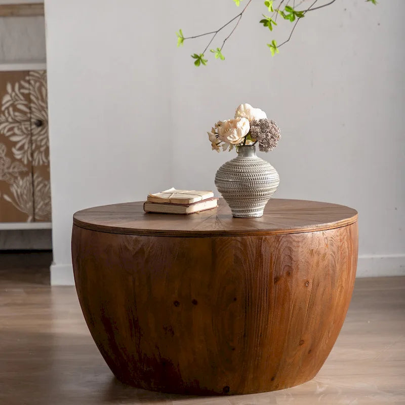 31.50 Vintage Style Bucket Shaped Coffee Table with storage function, for Office, Dining Room and Living Room, Brown
