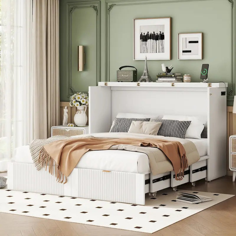 Full Size Murphy Bed Wall Bed with drawer and a set of Sockets & USB Ports